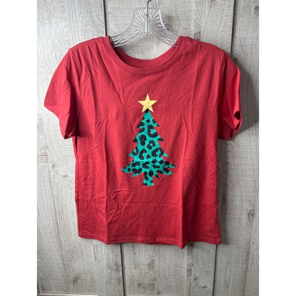 Mighty Fine Womens Large Animal Print Christmas Tree Graphic Red T Shirt - Picture 1 of 6